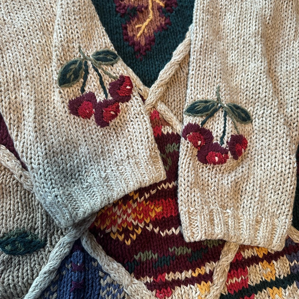 Vintage White Stag Patchwork Knit Sweater Folk Art Cottagecore M Longline Winter - Picture 12 of 16